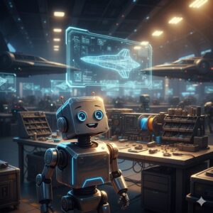 Robot in futuristic workshop environment.