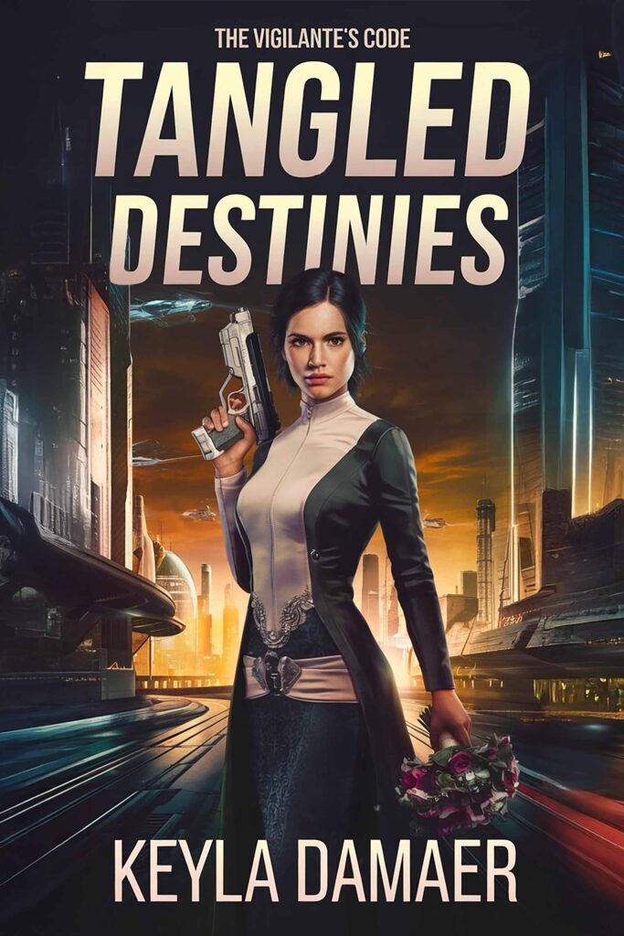 Woman in elegant attire, holding a gun and a bouquet. Tangled destinies