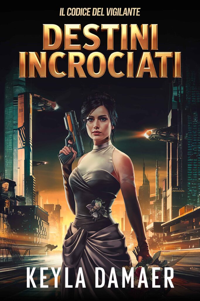 Copertina della serie Il Codice del Vigilante - Racconto Thriller Fantascientifico - Lauren Kutyna in abito elegante con in mano una pistola e un bouquet.