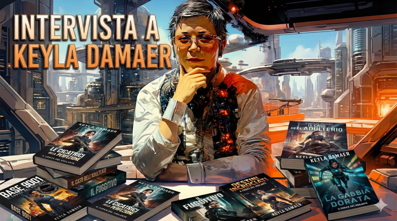 Keyla Damaer surrounded by the covers of her books in the Italian version of the Vigilante's Code